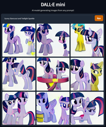 Size: 1152x1384 | Tagged: safe, imported from derpibooru, twilight sparkle, alicorn, earth pony, pony, ai content, ai generated, duality, duo, duo female, female, g4, generator:craiyon, mare, not salmon, twilight sparkle (alicorn), twolight, wat