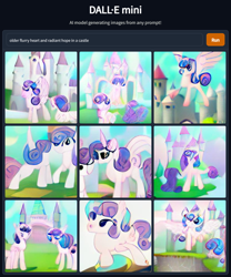 Size: 1152x1384 | Tagged: safe, idw, imported from derpibooru, princess flurry heart, radiant hope, alicorn, crystal pony, pony, unicorn, ai content, ai generated, castle, crystal unicorn, duo, duo female, female, generator:craiyon, mare, older, older flurry heart, wat