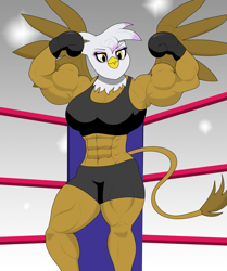 Size: 1809x2166 | Tagged: safe, artist:matchstickman, imported from derpibooru, gilda, anthro, griffon, abs, biceps, boxing, boxing gloves, boxing ring, breasts, busty gilda, clothes, female, flexing, muscles, muscular female, rippda, shorts, solo, sports, sports bra, sports shorts