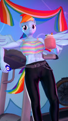 Size: 2160x3840 | Tagged: safe, artist:silkworm205, imported from derpibooru, rainbow dash, anthro, pegasus, art pack:pin-up paradise 2022, 3d, 4k, abs, armband, belt, chains, clothes, colored eyebrows, drink, fan, female, high res, interior, looking at you, midriff, muscles, muscular female, pants, rainbow dash's house, rainbow flag, revamped anthros, sexy, short shirt, smoothie, solo, source filmmaker, spread wings, stopwatch, stupid sexy rainbow dash, sweat, sweatpants, treadmill, wings