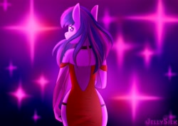 Size: 4093x2894 | Tagged: safe, artist:jellysketch, imported from derpibooru, twilight sparkle, anthro, ass, butt, choker, female, looking at you, looking back, looking back at you, red dress, side slit, signature, solo