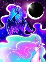 Size: 2048x2732 | Tagged: safe, artist:anekomori, imported from derpibooru, princess celestia, princess luna, alicorn, pony, duo, eclipse, ethereal mane, female, mare, moon, royal sisters, siblings, signature, sisters, solar eclipse, stars, sun