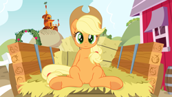 Size: 3840x2160 | Tagged: safe, artist:spookitty, imported from derpibooru, applejack, earth pony, pony, applejack's hat, belly, commission, cowboy hat, cute, featureless crotch, freckles, green eyes, hat, hay, hay bale, high res, jackabetes, looking at you, movie accurate, sitting, smiling, solo, underhoof, wagon