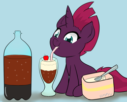 Size: 1200x960 | Tagged: safe, artist:empyu, imported from derpibooru, fizzlepop berrytwist, tempest shadow, pony, unicorn, cute, daaaaaaaaaaaw, drink, drinking straw, female, filly, filly tempest shadow, food, ice cream, root beer, root beer float, solo, tempestbetes, weapons-grade cute, younger