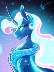 Size: 2048x2732 | Tagged: safe, artist:anekomori, imported from derpibooru, princess luna, alicorn, pony, blue mane, bust, colored pupils, curved horn, ethereal mane, eyelashes, female, flowing mane, folded wings, glowing mane, horn, long horn, mare, night, peytral, pink eyes, portrait, signature, slim, smiling, solo, sparkles, starry background, starry mane, stars, wings