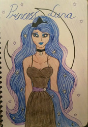 Size: 893x1292 | Tagged: safe, artist:glaceonfrozen, imported from derpibooru, princess luna, human, equestria girls, cutie mark background, female, humanized, looking at you, moon, solo, traditional art