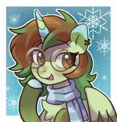 Size: 1535x1600 | Tagged: safe, artist:horseyuris, imported from derpibooru, oc, oc only, alicorn, pony, bust, chest fluff, clothes, commission, ear piercing, earring, female, glasses, jewelry, mare, piercing, scarf, snow, snowflake, solo