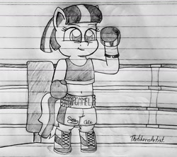 Size: 1280x1136 | Tagged: safe, artist:ct1443ae, imported from derpibooru, coco pommel, earth pony, semi-anthro, boxing, boxing gloves, boxing ring, boxing shoes, boxing shorts, clothes, lined paper, pencil drawing, shoes, shorts, solo, sports, traditional art