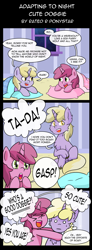 Size: 960x2600 | Tagged: safe, artist:shujiwakahisaa, imported from derpibooru, dinky hooves, ruby pinch, oc, hengstwolf, pony, unicorn, werewolf, comic:adapting to night, ><, comic, cute, dialogue, eyes closed, female, filly, fluffy, foal, furry, gray coat, hug, mare, pink hair, sleepover, ta-da!, transformation