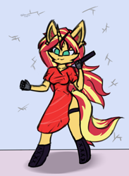 Size: 3000x4099 | Tagged: safe, artist:toxinagraphica, imported from derpibooru, sunset shimmer, anthro, unguligrade anthro, unicorn, >:3, boots, breasts, cheek fluff, clothes, dress, ear fluff, female, fluffy, gloves, katana, mare, shoes, solo, sword, weapon