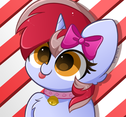 Size: 2800x2600 | Tagged: safe, artist:kittyrosie, imported from derpibooru, oc, oc only, oc:cinnamon lightning, pony, unicorn, :p, abstract background, bust, chest fluff, collar, cute, female, horn, mare, ocbetes, solo, tongue out, unicorn oc