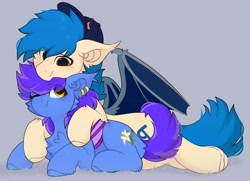 Size: 1518x1100 | Tagged: safe, artist:little-sketches, imported from derpibooru, oc, oc only, oc:evening lily, oc:moonshot, bat pony, pony, baseball cap, cap, cuddling, cute, ear piercing, eveshot, female, hat, looking at each other, looking at someone, male, oc x oc, one eye closed, piercing, shipping, spread wings, wings