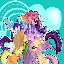 Size: 760x758 | Tagged: safe, artist:pandanx, artist:pandanx12, imported from derpibooru, applejack, fluttershy, pinkie pie, rainbow dash, rarity, spike, starlight glimmer, twilight sparkle, alicorn, dragon, earth pony, pegasus, pony, unicorn, ^^, applejack's hat, blue background, butt, cowboy hat, eyes closed, female, folded wings, grin, hat, heart, horn, looking at someone, male, mane seven, mane six, mare, one eye closed, open mouth, open smile, plot, s5 starlight, simple background, smiling, spread wings, twilight sparkle (alicorn), wings