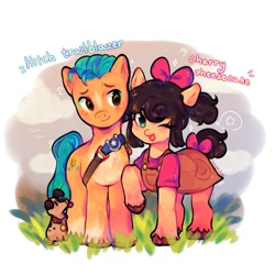 Size: 1280x1280 | Tagged: safe, artist:tanoshiboo, imported from derpibooru, hitch trailblazer, oc, oc:cherry cheesecake, dog, earth pony, pony, bow, clothes, cute, duo, duo male and female, female, g5, hair bow, male, mare, one eye closed, raised hoof, simple background, stallion, white background