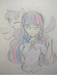 Size: 1111x1468 | Tagged: safe, artist:katanawokataru, imported from derpibooru, twilight sparkle, human, pony, clothes, female, glasses, horn, humanized, looking at you, mare, one eye closed, open mouth, traditional art