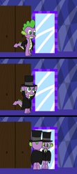 Size: 1024x2304 | Tagged: safe, artist:platinumdrop, imported from derpibooru, spike, clothes, comic, hat, mirror, request, solo, top hat, tuxedo
