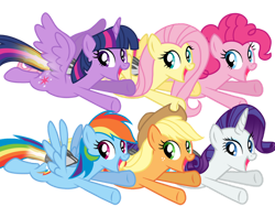 Size: 1280x960 | Tagged: safe, artist:colorfulrainbowrose, imported from derpibooru, applejack, fluttershy, pinkie pie, rainbow dash, rarity, twilight sparkle, alicorn, earth pony, pegasus, pony, unicorn, flying, happy, jetpack, mane six, simple background, transparent background, twilight sparkle (alicorn)