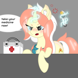 Size: 1080x1080 | Tagged: safe, artist:sodapop sprays, imported from derpibooru, oc, oc only, oc:sugarspoon, pony, unicorn, angry, blue eyes, blushing, clothes, combadge, concerned, doctor, ear blush, ear fluff, emh, eye, eyes, female, food, hypospray, magic, magic aura, mane, mare, medkit, nose blush, orange, scarf, solo, speech bubble, spread wings, star trek, tail, talking to viewer, telekinesis, white, wings