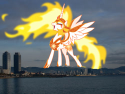 Size: 1024x768 | Tagged: safe, artist:chrzanek97, artist:thegiantponyfan, imported from derpibooru, daybreaker, alicorn, pony, barcelona, crown, female, giant alicorn, giant daybreaker, giant pony, giantess, highrise ponies, irl, jewelry, macro, mare, mega daybreaker, mega giant, photo, ponies in real life, regalia, spain