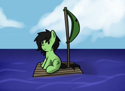 Size: 1188x870 | Tagged: safe, artist:neuro, imported from derpibooru, oc, oc only, oc:filly anon, earth pony, pony, female, filly, foal, ocean, raft, sail, sitting, solo, water