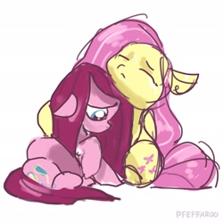 Size: 2048x2048 | Tagged: safe, artist:pfeffaroo, imported from derpibooru, fluttershy, pinkie pie, earth pony, pegasus, pony, duo, floppy ears, pinkamena diane pie, sad, simple background, sketch, white background