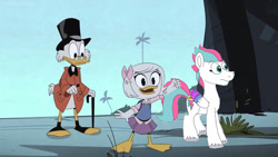 Size: 1192x670 | Tagged: safe, artist:wolfspiritclan, edit, imported from derpibooru, zipp storm, bird, duck, pegasus, pony, crossover, disney, ducktales 2017, female, g5, male, mare, scrooge mcduck, webby vanderquack