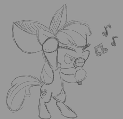 Size: 753x728 | Tagged: safe, artist:orbitalfox, imported from derpibooru, apple bloom, earth pony, pony, bipedal, eyes closed, female, filly, foal, microphone, music notes, open mouth, raised hoof, singing, sketch, solo, the cmc's cutie marks