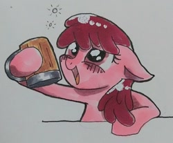 Size: 1013x837 | Tagged: safe, artist:namaenonaipony, imported from derpibooru, berry punch, berryshine, earth pony, pony, alcohol, drink, drunk, drunk bubbles, female, hoof hold, mare, open mouth, solo, traditional art