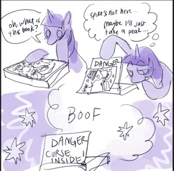 Size: 1091x1075 | Tagged: safe, artist:_rainaru, imported from derpibooru, twilight sparkle, pony, book, comic, female, horn, implied spike, looking at something, mare, onomatopoeia, simple background, solo, speech bubble, thought bubble, white background