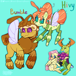 Size: 2048x2048 | Tagged: safe, artist:3ggmilky, imported from derpibooru, fluttershy, thorax, oc, oc:bumble, oc:hivy, changedling, changeling, changepony, hybrid, pegasus, pony, blushing, bouquet, female, flower, interspecies offspring, king thorax, male, offspring, parent:fluttershy, parent:thorax, parents:thoraxshy, shipping, simple background, smiling, straight, teal background, thoraxshy