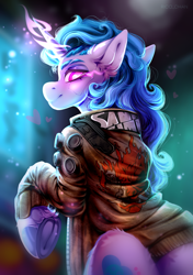 Size: 2965x4200 | Tagged: safe, artist:rico_chan, imported from derpibooru, izzy moonbow, pony, unicorn, blurry background, city, clothes, crossover, cyberpunk, cyberpunk 2077, detailed, ear fluff, eye glow, fluffy, frog (hoof), g5, glowing, glowing eyes, glowing horn, high res, horn, jacket, lightning, lineless, magic, magic aura, my little pony: a new generation, rear view, samurai, scar, smiling, solo, underhoof