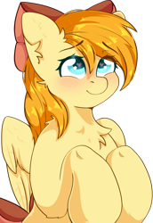 Size: 1662x2421 | Tagged: safe, artist:etoz, imported from derpibooru, oc, oc only, oc:deliambre, pegasus, pony, blushing, bow, commission, cute, eyebrows, eyebrows down, eyebrows visible through hair, female, hair bow, happy, mare, pegasus oc, raised hoof, shy, simple background, smiling, solo, transparent background, ych result