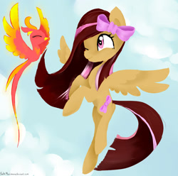 Size: 1600x1590 | Tagged: safe, artist:katemaximova, imported from derpibooru, oc, oc only, pegasus, phoenix, pony, cloud, duo, female, flying, mare, one eye closed, outdoors, sky, spread wings, wings