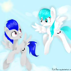 Size: 1600x1590 | Tagged: safe, artist:katemaximova, imported from derpibooru, oc, oc only, pegasus, pony, cloud, duo, flying, looking at each other, looking at someone, looking back, sky, spread wings, wings