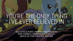 Size: 1280x720 | Tagged: safe, edit, editor:quoterific, idw, imported from derpibooru, discord, trixie, changeling, draconequus, pony, unicorn, siege of the crystal empire, cape, clothes, female, male, mare, text, trixie's cape