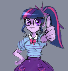 Size: 1377x1444 | Tagged: dead source, safe, artist:gwarhelym, imported from derpibooru, sci-twi, twilight sparkle, human, equestria girls, equestria girls series, female, gray background, simple background, solo, thumbs up