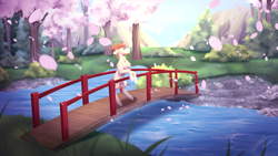 Size: 3960x2228 | Tagged: safe, artist:lunciakkk, imported from derpibooru, oc, oc only, oc:mckeypl, pony, unicorn, series:mckeypl in years, bridge, cherry blossoms, commission, ear fluff, facial hair, flower, flower blossom, forest, horn, leaves, male, part of set, ponytail, river, solo, stallion, water