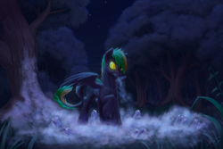 Size: 2500x1666 | Tagged: safe, artist:1jaz, imported from derpibooru, oc, oc only, pegasus, pony, fog, forest, night, slit pupils, solo