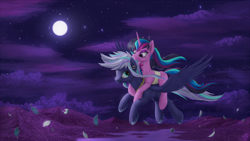 Size: 2500x1405 | Tagged: safe, artist:1jaz, imported from derpibooru, oc, oc only, pegasus, pony, unicorn, flying, leaves, moon, night, oc riding oc, ponies riding ponies, riding, sky, stars