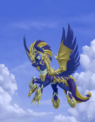 Size: 2000x2562 | Tagged: safe, artist:1jaz, imported from derpibooru, oc, oc only, pegasus, pony, armor, cloud, flying, sky, solo