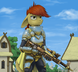 Size: 1442x1336 | Tagged: safe, artist:1jaz, imported from derpibooru, oc, oc only, anthro, armor, floppy ears, gun, rifle, solo, weapon