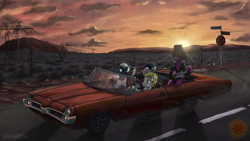 Size: 1600x900 | Tagged: safe, artist:1jaz, imported from derpibooru, oc, oc only, pony, bandage, car, desert, driving, electric guitar, guitar, musical instrument, pontiac, pontiac catalina, power line, red hot chili peppers, reference, rock (music), song reference