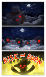 Size: 600x1010 | Tagged: safe, artist:1jaz, imported from derpibooru, pony, undead, cloud, fire, fog, hat, moon, night