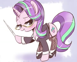 Size: 1326x1067 | Tagged: safe, artist:k-nattoh, imported from derpibooru, starlight glimmer, pony, unicorn, clothes, female, fishnets, glasses, heels on a horse, high heels, hoof hold, horn, lidded eyes, looking at you, mare, raised hoof, shoes, socks, solo, stockings, thigh highs