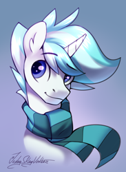 Size: 2000x2736 | Tagged: safe, artist:jedayskayvoker, imported from derpibooru, oc, oc only, oc:vanilla ice, pony, unicorn, bust, clothes, colored, colored sketch, commission, cute, full color, icon, male, portrait, raised eyebrow, scarf, sketch, solo, stallion, striped scarf