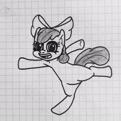 Size: 2092x2092 | Tagged: safe, artist:zados7, imported from derpibooru, apple bloom, earth pony, pony, bipedal, female, filly, foal, graph paper, open mouth, solo, standing, standing on one leg, traditional art