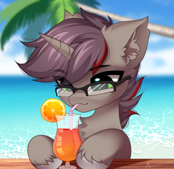 Size: 2342x2272 | Tagged: safe, artist:airiniblock, imported from derpibooru, oc, oc only, oc:morozov, pony, unicorn, alcohol, cocktail, drink, ear fluff, food, glasses, horn, icon, male, ocean, orange, solo, unicorn oc, water