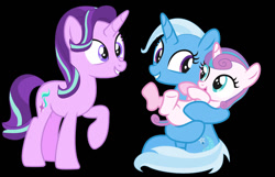 Size: 1280x826 | Tagged: safe, artist:frostninja007, imported from derpibooru, princess flurry heart, starlight glimmer, trixie, alicorn, pony, unicorn, black background, clothes, duo, female, filly, foal, holding a pony, looking at each other, looking at someone, mare, offspring, simple background, sitting, smiling
