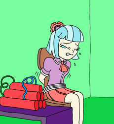 Size: 1778x1925 | Tagged: safe, artist:bugssonicx, edit, imported from derpibooru, coco pommel, rarity, human, equestria girls, arm behind back, bomb, bondage, clothes, cropped, crying, damsel in distress, equestria girls-ified, eyes closed, skirt, solo, tied to chair, tied up, weapon