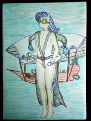 Size: 3072x4096 | Tagged: safe, artist:mildgyth, derpibooru exclusive, imported from derpibooru, rarity, anthro, plantigrade anthro, airship, clothes, goggles, jetpack, leotard, solo focus, traditional art